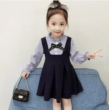 

British style girl temperament small fresh striped dress 2019 spring and autumn new fake two long-sleeved princess dress