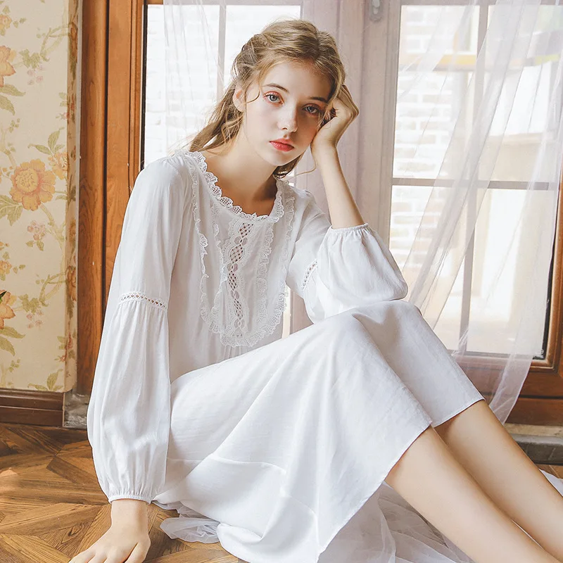 Sleeping Dress Nightdress Autumn Woman Princess Nightwear Long Sleeve White Nightgown Cotton Sleepwear Women Girl