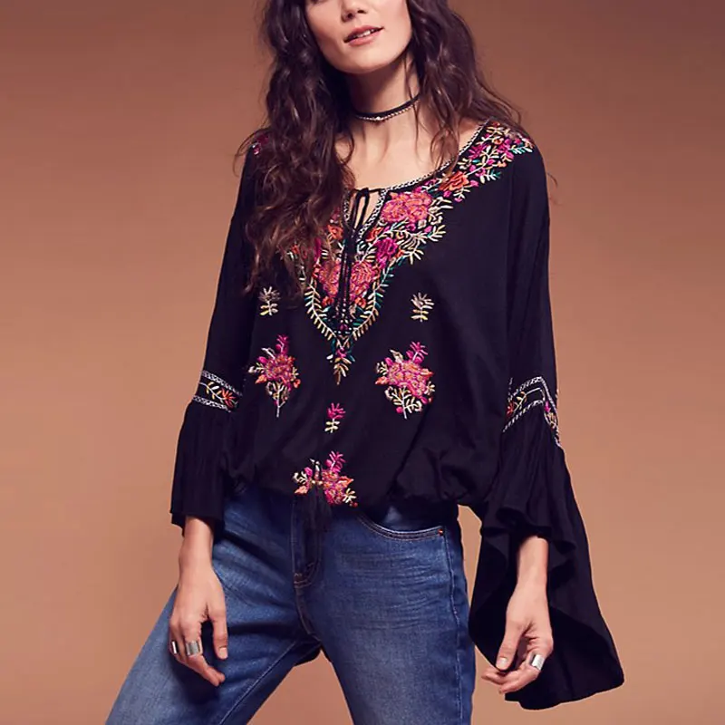 

2017 Women Spring New V-Neck sexy Flowers Embroidered tassel Vintage Shirt Long Flare Sleeve Blouse Tops