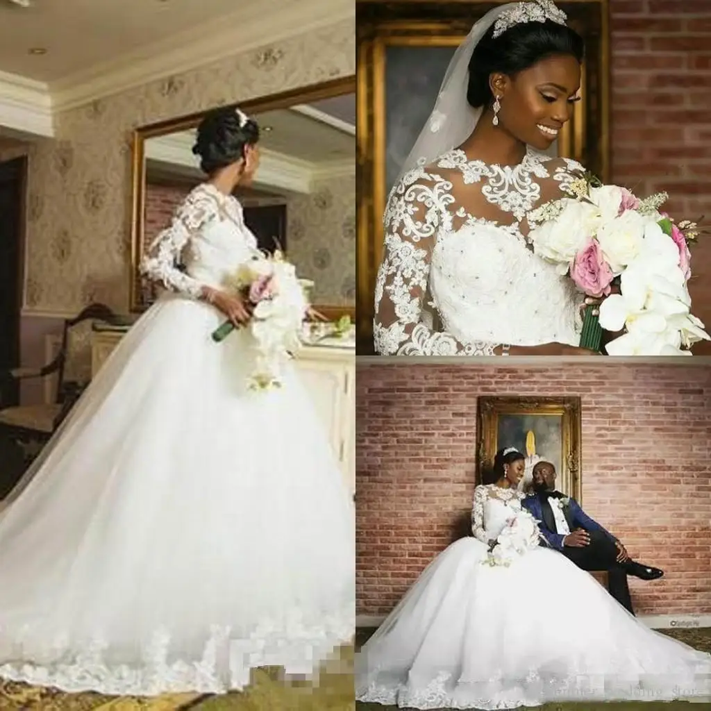 

Ball Gown Wedding Dresses 2020 Lace Appliques Beads Illusion Long Sleeves Sweep Train Plus Size Bridal Gowns Vestidos de Noiva