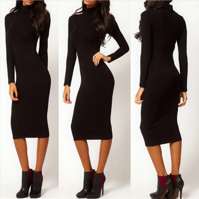 Women Black Sexy Hip Stretch Bodycon Turtle Neck Long Sleeve Midi Pencil Dress | Женская одежда