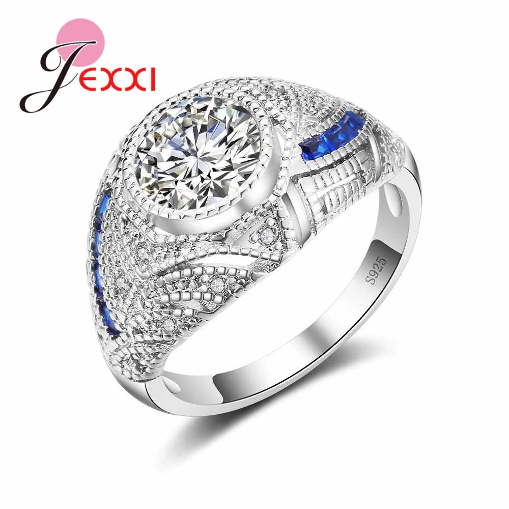 Factory Outlet Jewelry Pure 925 Sterling Silver Ring Shiny Full White Blue Crystal Wedding Engagement for Women | Украшения и