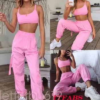 

US Fashion Safari Style Womens Set Solid Color Sleeveless Backless Crop Tops Long Pants Pocket Set 2Pcs Sport Casual Summer Suit