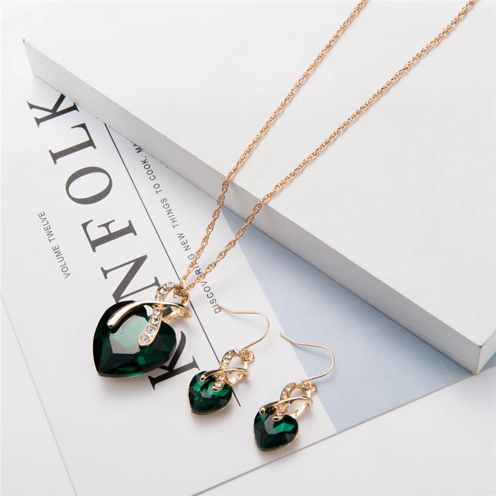 white green blue purple Austrian Crystal Necklace Earrings Sets Engagement Gold Color Heart Crystal Jewelry Set For Women S020