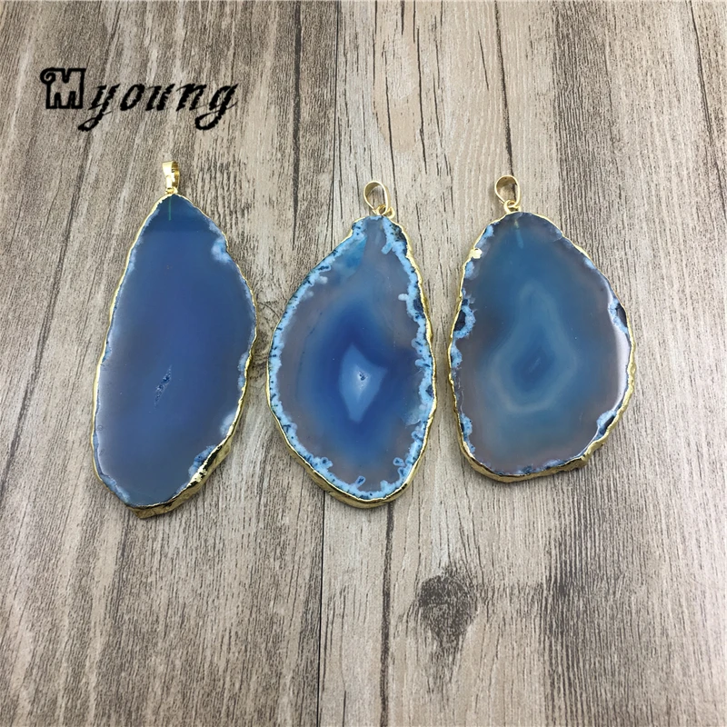 

Large Freeform Blue Banded Agates Druzy Slice Pendant,Stripped Agates charm With Gold Edges and Bail For Necklace Jewelry MY1495