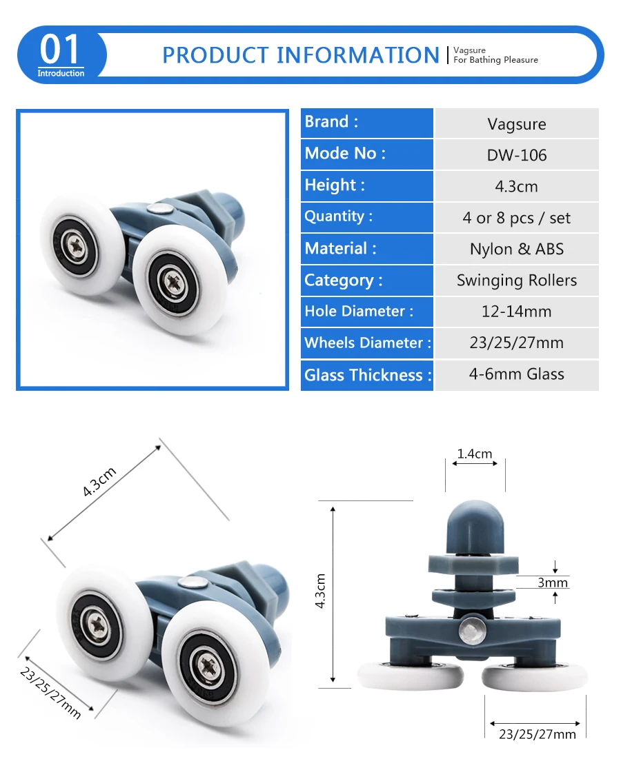 Vagsure 8 шт./лот 23 мм 25 мм раздвижные аксессуары для душевой кабины стеклянный дверной ведущий ролик бегун двойные качающиеся ролики для раздвижных дверей