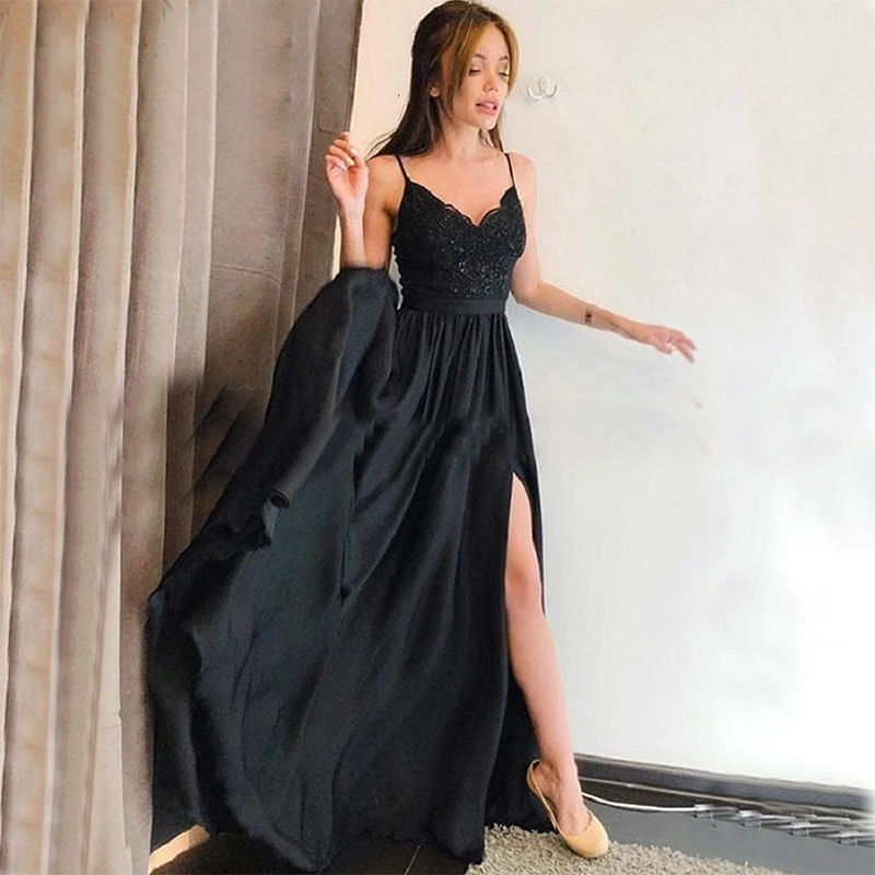 Новое черное платье для выпускного Спагетти ремни аппликация трапециевидной формы Элегантное Длинное Вечернее выпускное платье платья спереди платье с разрезом De Soiree