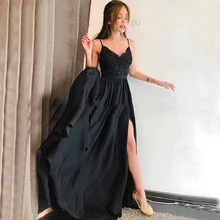 Новое черное платье для выпускного Спагетти ремни аппликация трапециевидной формы Элегантное Длинное Вечернее выпускное платье платья спереди платье с разрезом De Soiree