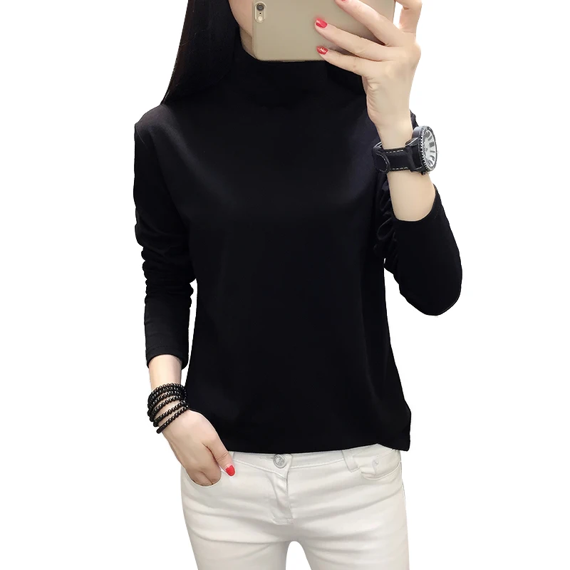 

YUANYU Women Loose Soft Elastic Turtleneck Solid Tops Girl Long Sleeve Cotton T-Shirts Tees Female Autumn Casual T-shirt