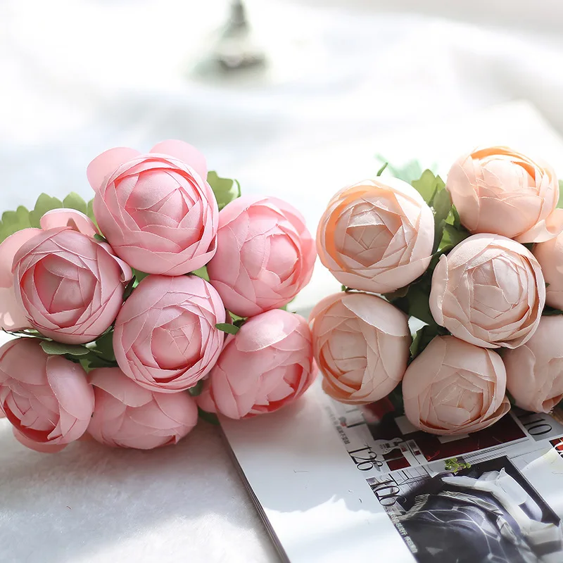 1 Bunch 7 Heads Cheap Artificial Flower High Quality Fake Round Rose Bouquet Flower For Wedding Home Party Decor Candy 4 Colors