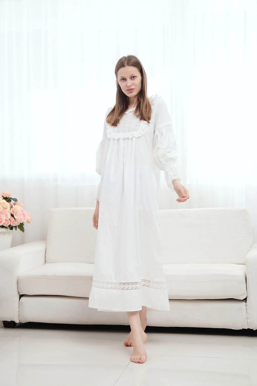 Высококачественная женская ночная рубашка Весна Осень новая сексуальная белая хлопковая ночная рубашка Длинная женская пижама Пижама принцессы Q246