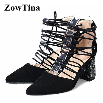 

Sexy Pointed Toe Women Pumps Black Suede Gladiator Strappy Formal Dress Party Shoes Woman Glitter Square Heels Ladies Shoes