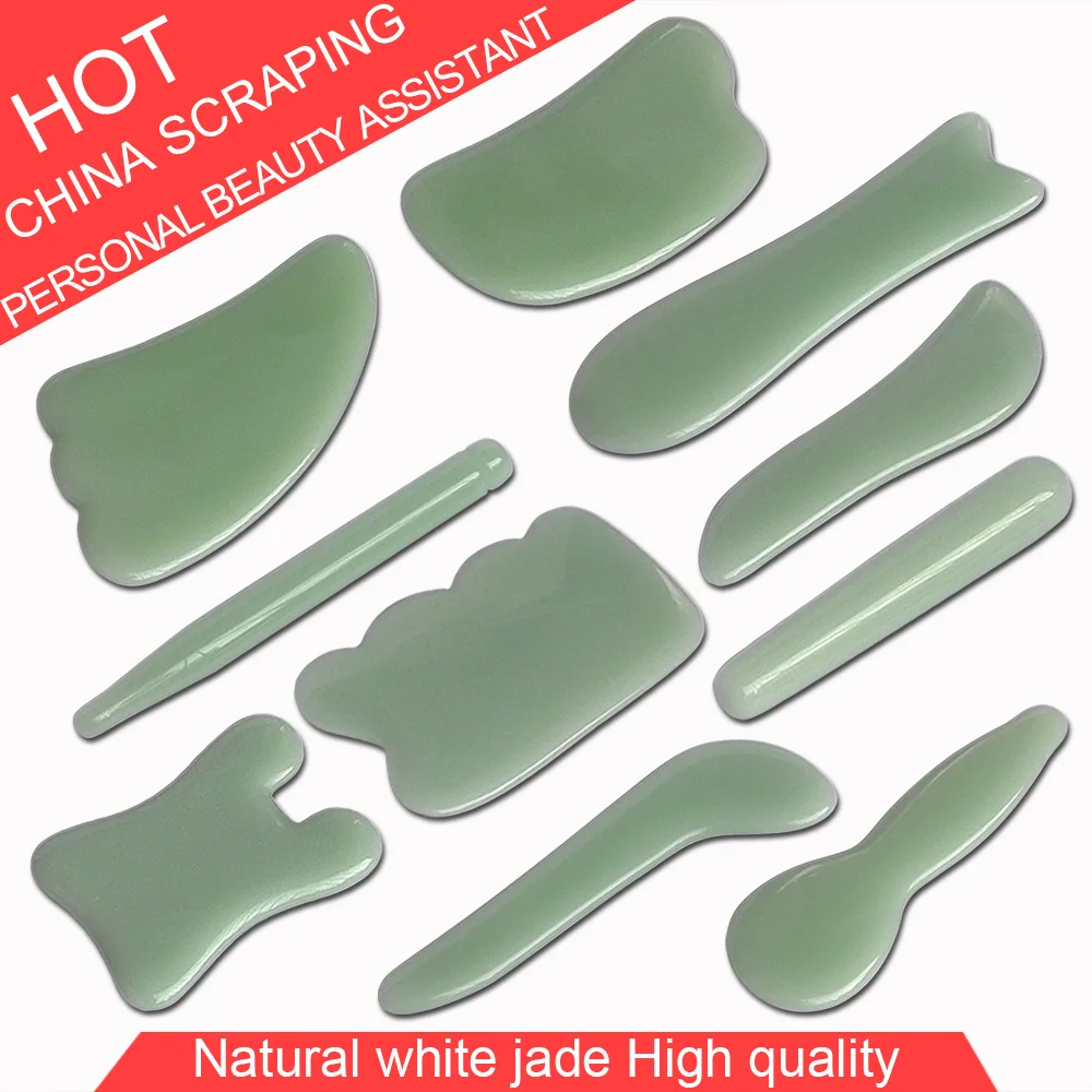 

Light Green Color Glass Guasha Scraping Massage Tool Facial Beauty V-line kit 10 types different shape
