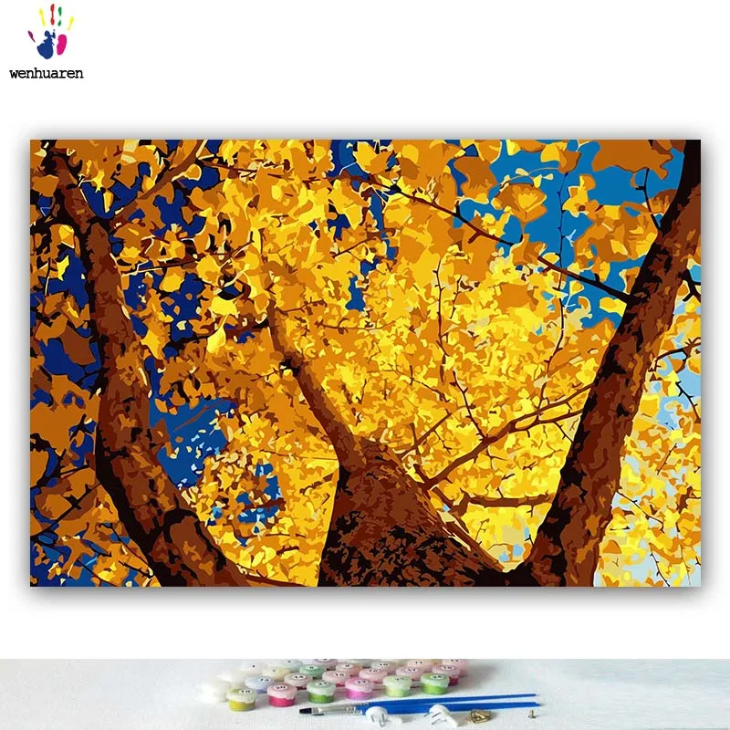

diy painting by numbers Yellow ginkgo tree landscape pictures color paint by numbers with kits tools for adults on canvas