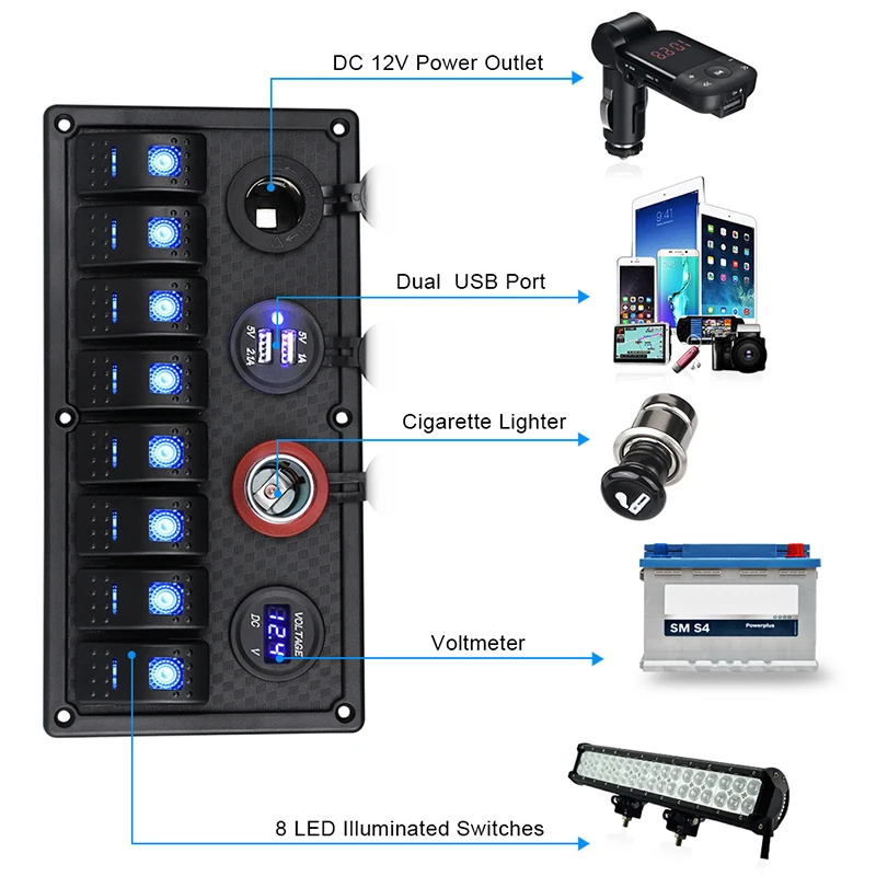 NovelBee 8 Gang ON-Off Toggle Switch Panel with Dual USB Charger Socket,LED Voltmeter and 12V Power Outlet for Marine Boat Car Truck NovelBee 8 Gang ON-Off Toggle Switch Panel with Dual USB Charger Socket,LED Voltmeter and 12V Power Outlet for Marine Boat Car Truck