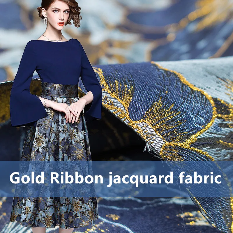 

1Meter Gold Ribbon Jacquard Fower Fabric Yard Dyed Brocade Fabrics Sewing On Clothes Dress Patchwork diy 160cm Blue