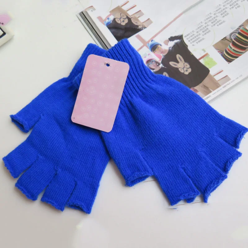Blue Лидер продаж, 1 пара, женские и мужские мягкие перчатки на пол пальца, зимние теплые вязаные перчатки без пальцев, унисекс, 6 цветов, варежки - Цвет: Blue