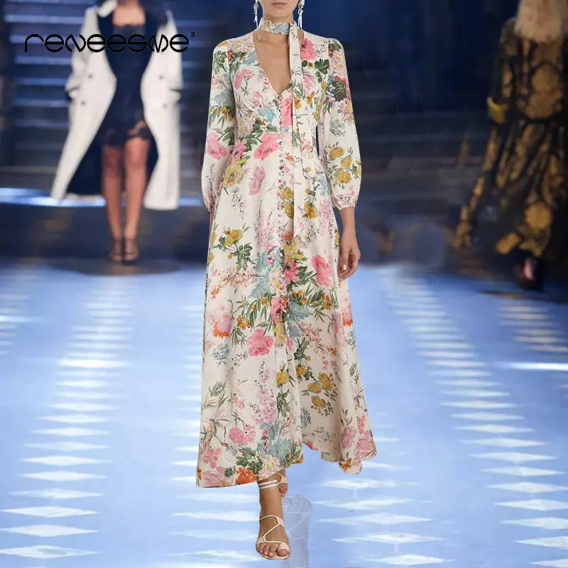

2019 new print women dress long sleeve bow tie neck pleated A line bohemian ladies dresses spring summer ankle-length vestidos