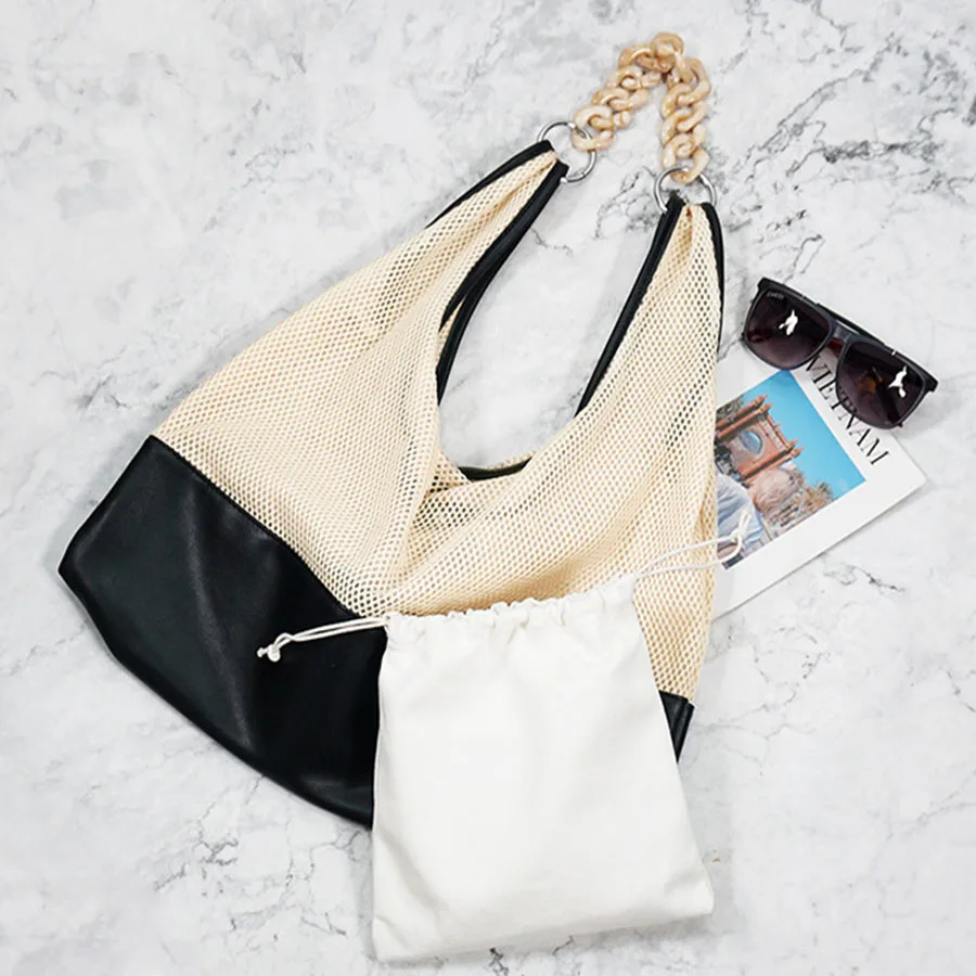 

Panelled Hollow Out Mesh Totes Women Shoulder Bags Acrylic Chains Ladies Hand Bags Women Large Capacity Messenger Beach Bag 2019