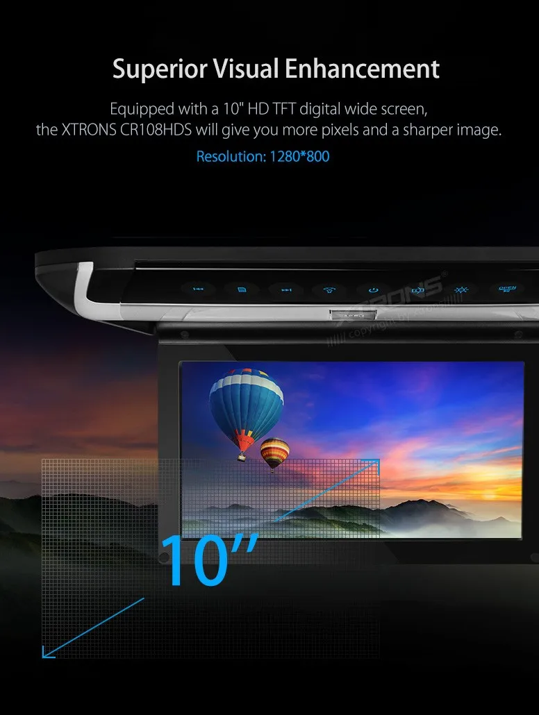XTRONS монитор 10 дюймов Автомобильный Аудио HD цифровой TFT монитор сенсорная панель Автомобильная крыша dvd-плеер HDMI порт светодиодный светильник+ 2 ИК наушники