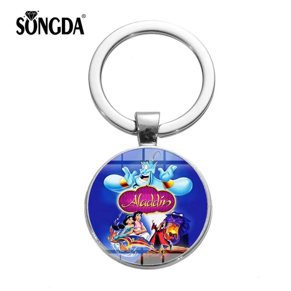 

SONGDA Classic Animation Aladdin Cute Keychain Jasmine Princess Aladdin Lamp Arabian Nights Poster Glass Car Bag Key Ring Chain