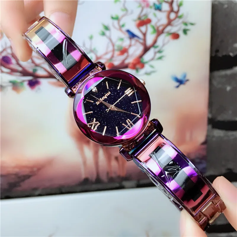 Роскошные кристаллическая звезда небо Женские часы Мода простой золотой стальной ремень воды Roma Dail браслет часы многоугольник подарок часы - Цвет: Purple