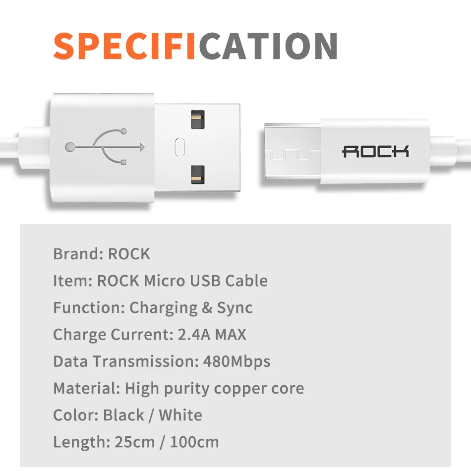 ROCK Round Micro USB кабель 1 м 2 м для Xiaomi Redmi Note 2.4A Быстрая зарядка USB зарядное устройство кабель для передачи данных для Galaxy s6 s7 microusb шнур