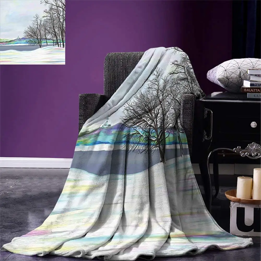 Nature Throw Blanket Rural Winter Forest with Leafless Tree Branches Digital Vibrant Effects Artwork Warm Fleece for Bed | Дом и сад