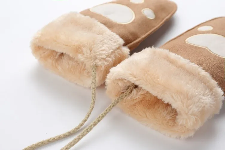 Зимние теплые толстые перчатки для Для женщин кот следы перчатки варежки для девочек плюс бархат висит шеи перчатки