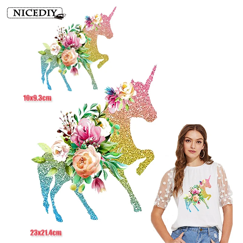 

Nicediy Flower Unicorn Iron On Transfers Patches For Clothes Vinyl Heat Transfer Patch Thermal Applique T-shirt Badge Washable