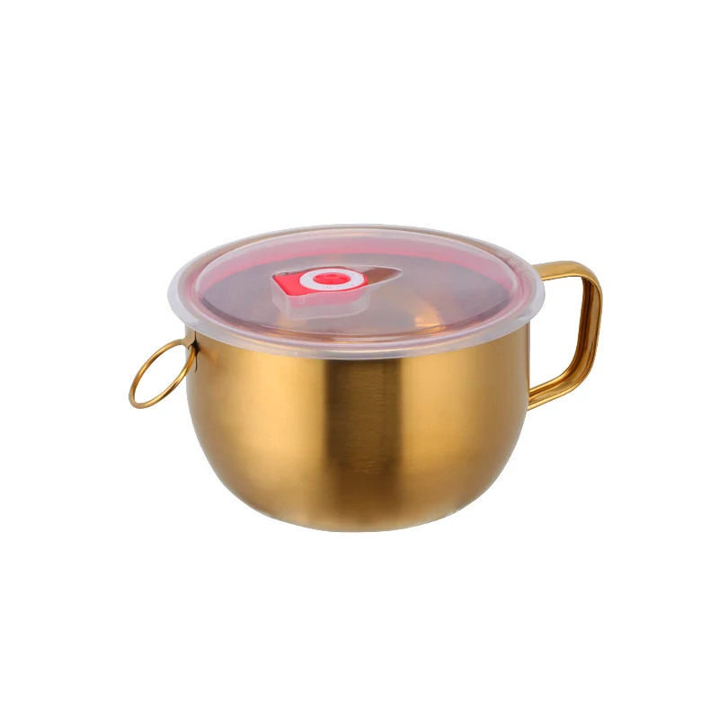 Миска из нержавеющей стали с крышкой и ручкой, Золотая миска для лапши быстрого приготовления, контейнер для супа, столовое серебро, миска для риса, набор посуды - Цвет: Gold