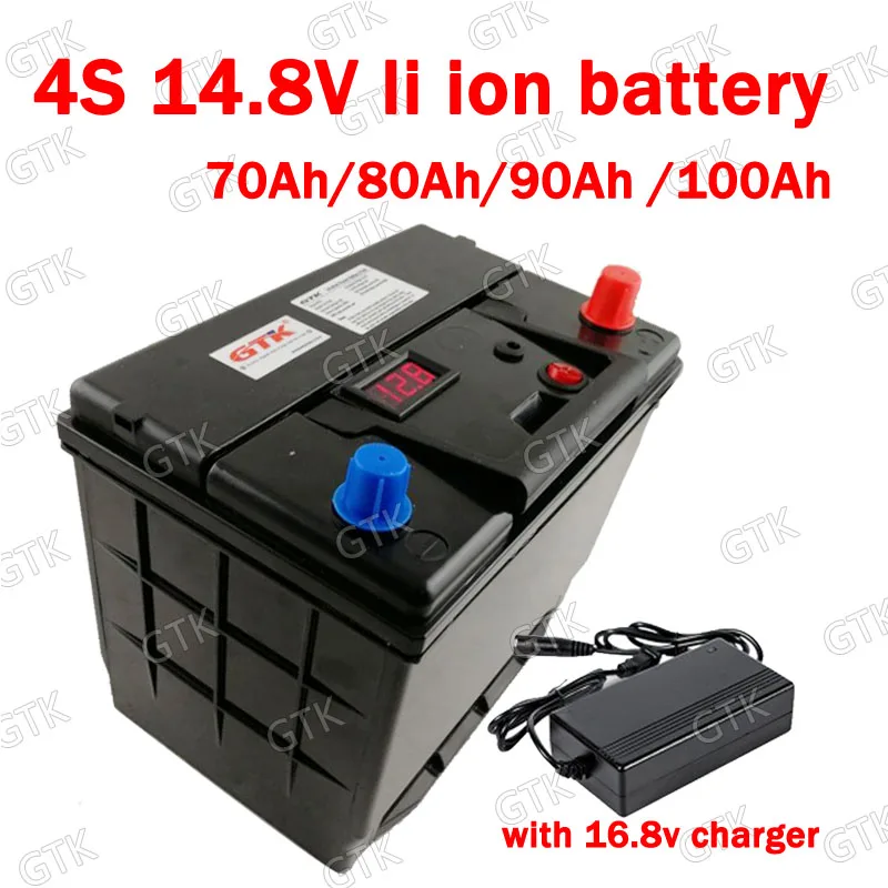 

GTK 14.8V 100Ah battery 14.8v 80Ah 90Ah 70Ah li ion battery no 12v 80Ah 100Ah for fish boat golf trolly lamp +16.8v 20A charger