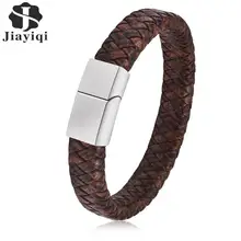Jiayiqi подвеска коричневый плетеный кожаный браслет нержавеющая магнитный браслет со стальными элементами модные браслеты 18,5 см