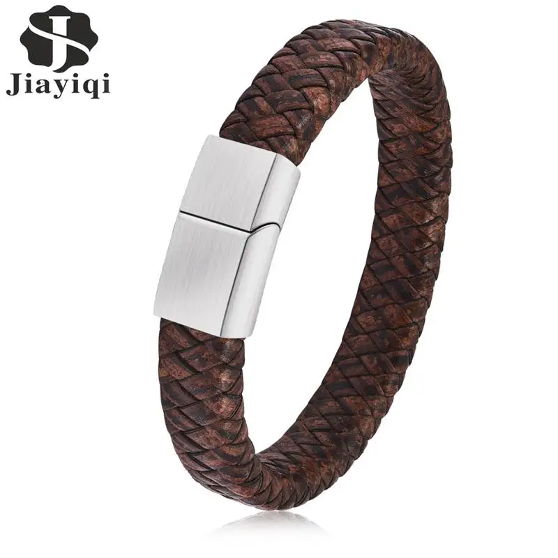 

Jiayiqi Punk Men Jewelry Brown Braided Leather Bracelet Stainless Steel Magnetic Clasp Fashion Bangles 18.5cm