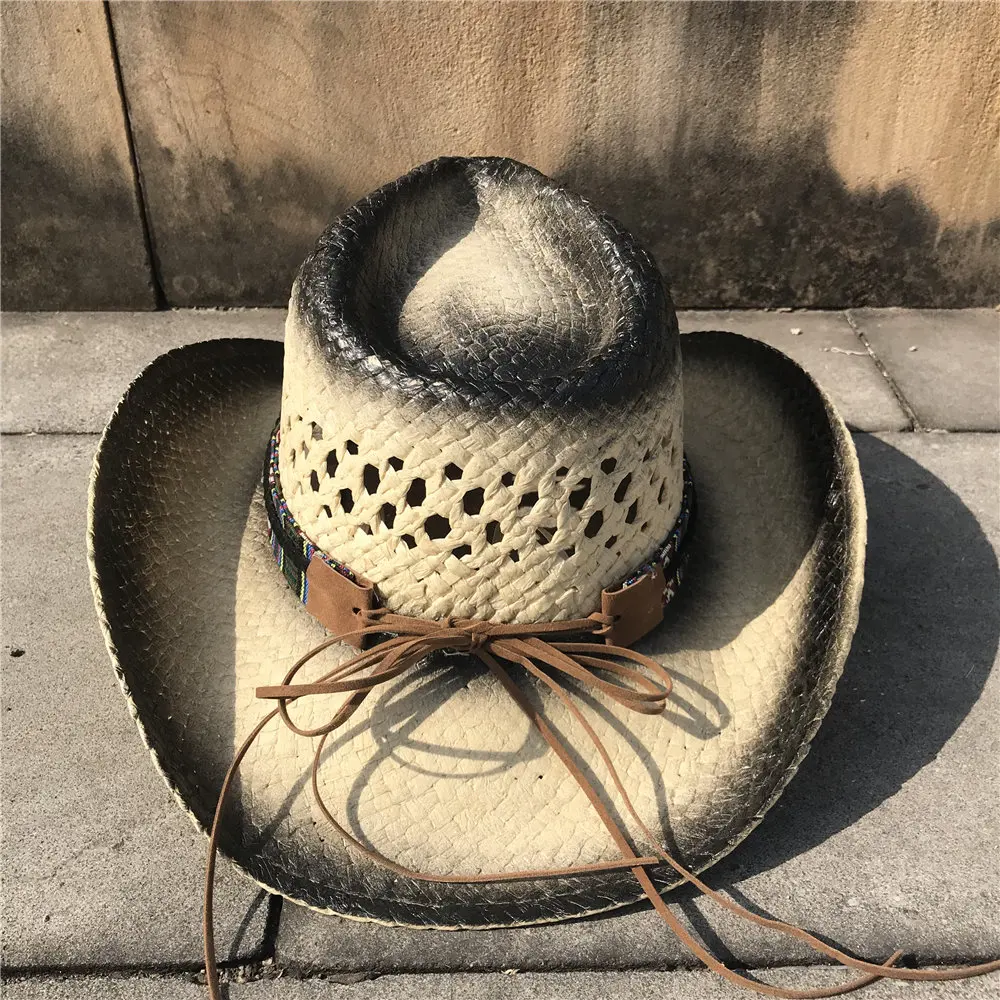 Handmade Weave Straw Women Men Hollow Western Cowboy Hat Lady Dad Sombrero Hombre Cowgirl Jazz Caps Bull Head Band Size 56-58CM