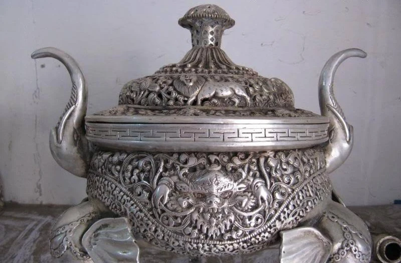 

Tibet Buddhism White Copper Silver Three Elephant God Zun incense burner Censer
