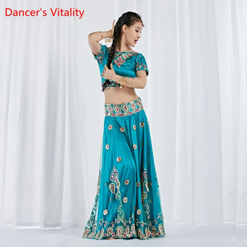 Clothes For Dancing, Stage Costume Belly Dancing Clothes Indian Dance Costume Bollywood 3 Pieces Set(Top, Skirt And Sari