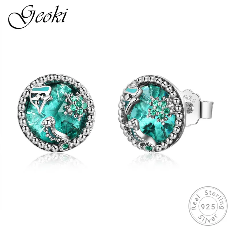 

Geoki 925 Sterling Silver Ocean Blue Cubic Zirconia Mermaid Stud Earrings s925 Original CZ Undersea Earrings Luxury Jewelry