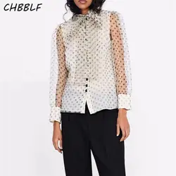 CHBBLF для женщин органзы горошек блузка с галстуком-бабочкой Воротник see through с длинным рукавом милые женские рубашки топы корректирующие blusas