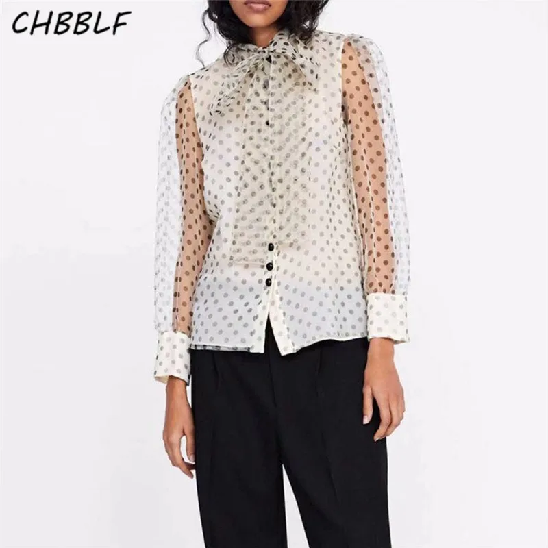 

CHBBLF women organza polka dot blouse bow tie collar see through long sleeve sweet female cute shirt tops blusas BGB9065