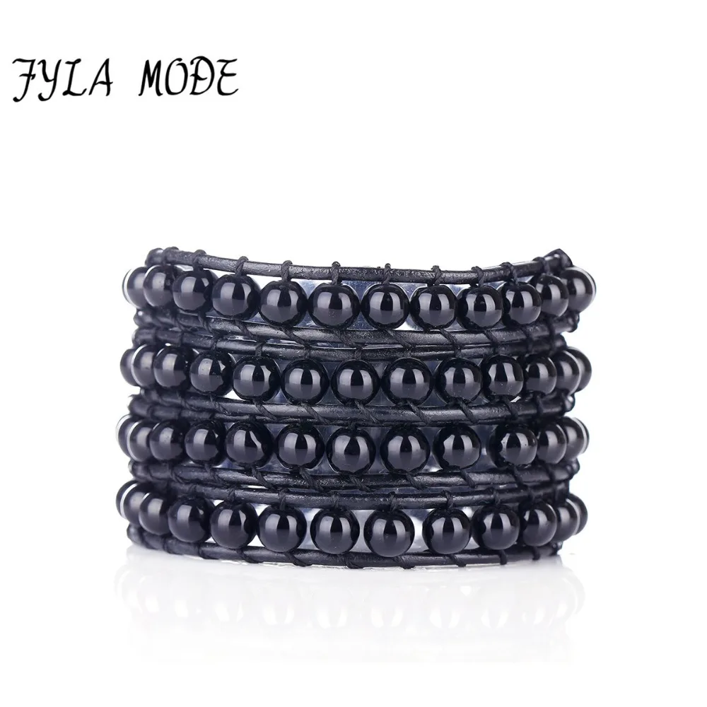 

Fyla Mode Unique 6mm Black Agate Four Leather Wrap Bracelets Wholesale Handmade Bohemian Weaving Bracelet On Black Leather Cord