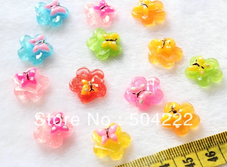 

250pcs Resin Flatback Cute glitter hand paint butterfly flower cabochon Cabs -DIY scrapbook, hair bow and flower centers