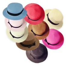 Round Flat Top Straw beach hat women Boater sun caps Ribbon Panama Hat summer hats for women straw hat snapback gorras 9 colors ht915 women boater sun caps ribbon bow round flat top straw fedora panama hat summer hats for women white straw beach sun hats