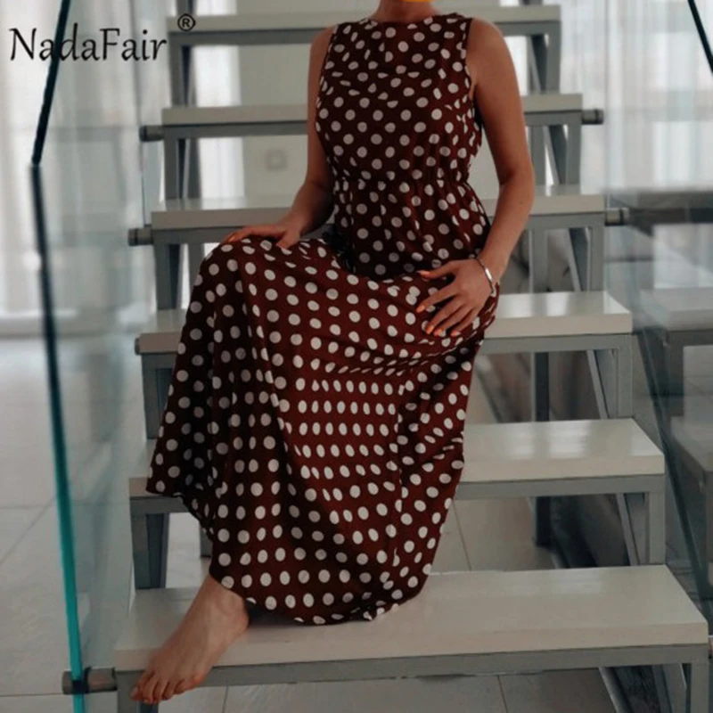Nadafair Maxi Polka Dot Dress Women Boho Beach Party Chiffon Summer Dress Elastic Waist Dot Casual Elegant Long Dress Vestidos