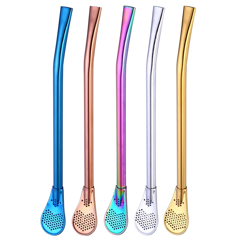 

UPORS 2Pcs/Set Stainless Steel Straw Bubble Tea Straws Tea Spoon Filter Stirring Stick Reusable Drinking Straws Bar Accessories