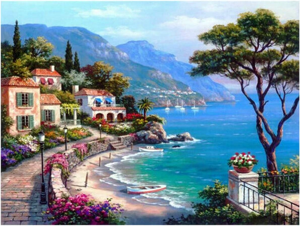 

3d Diamond Painting Full Whole for Square Drill Mosaic Embroidery Cross Stitch About Beautiful Seaside Town Trees cheapest