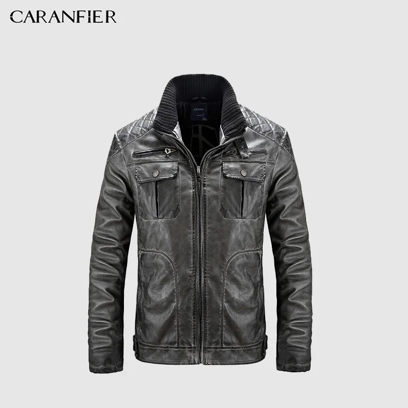 

CARANFIER Winter Leather Jackets Men Casual Zipper Cotton Stand Collar Male Outerwear Handsome Brand Motorcycle Leather Jackets