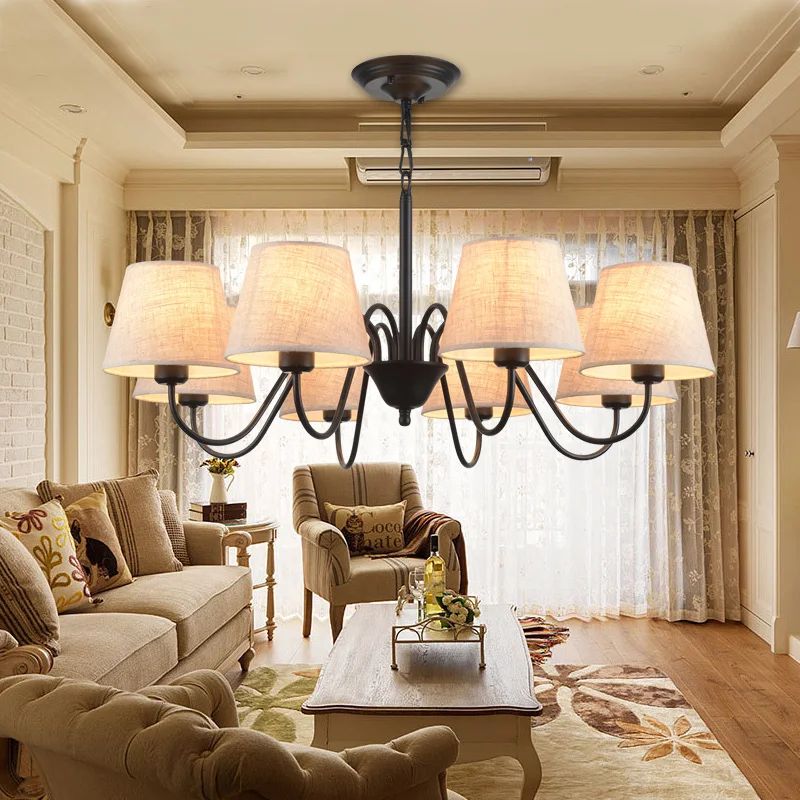

LED with Linen Lampshades E27 Cloth Chandeliers For Living Room Romantic