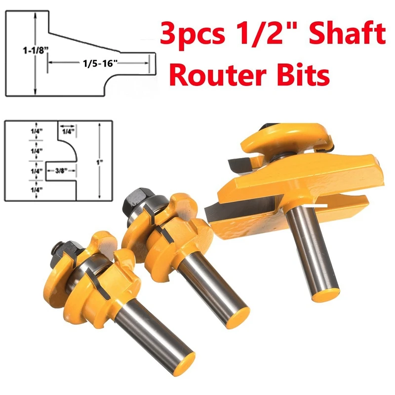 

3pcs Router Bits Round Over Rail Plate Cutter Stile Cove Panel Raiser Material alloy 1/2 inch