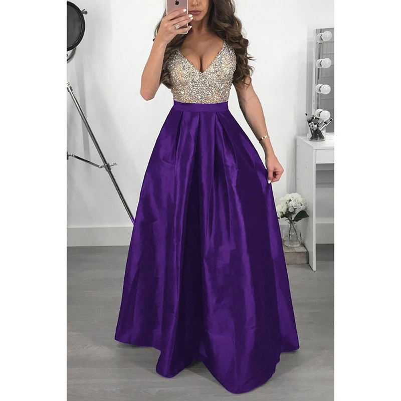 

Elegant Sequin Formal Evening Party Dress Women A Line Long Occasion Dresses Vestido De Festa V Neck Sleveless Lady Prom Gowns